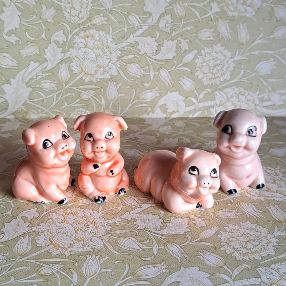 Pink Cheeky Pigs Vintage MCM Handpainted Bone China Set Cute Pig Kitsch Figurine